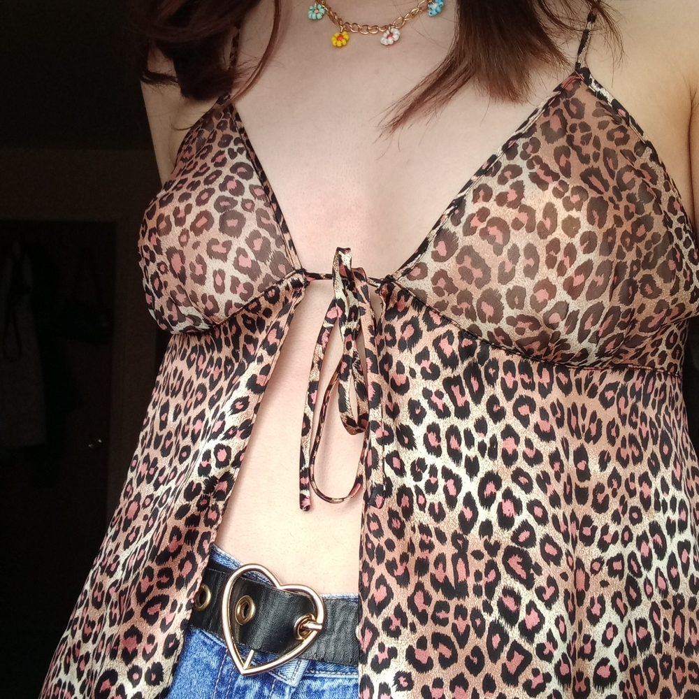 Leopard print silk tie front cami top by Magic Silk